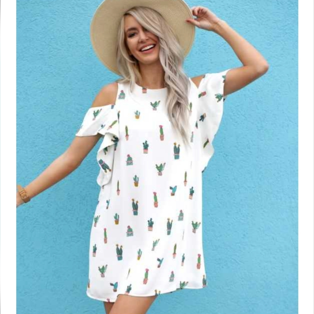 Do+be cold-shoulder cactus-print Dress white medium